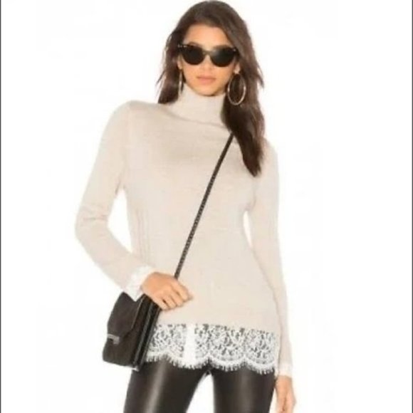 Joie NWT Fredrika Lace Sweater Top Beige Mock Neck Longsleeve Small - Picture 2 of 6